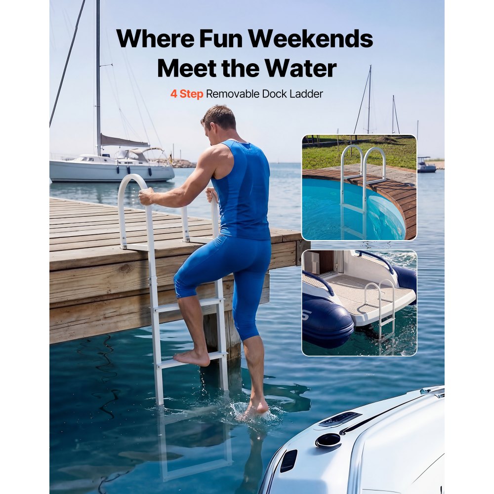 VEVOR Removable Dock Ladder, 4 Steps, Aluminum Alloy Pontoon Boat Swim Ladder, with Non-Slip Wide Steps, 500 lbs Weight