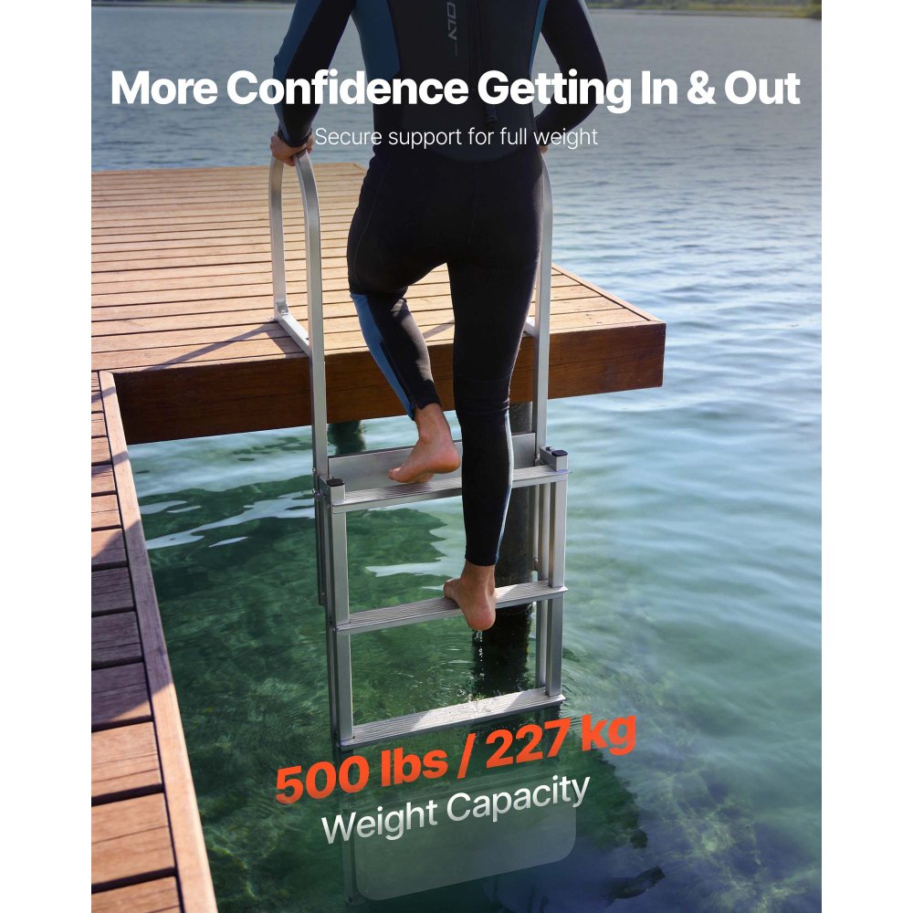 VEVOR Retractable Dock Ladder, 4 Steps, Aluminum Alloy Pontoon Boat Swim Ladder with Auto-Lift Float, Non-Slip Wide