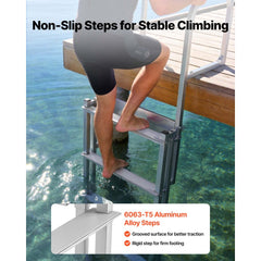 VEVOR Retractable Dock Ladder, 4 Steps, Aluminum Alloy Pontoon Boat Swim Ladder with Auto-Lift Float, Non-Slip Wide