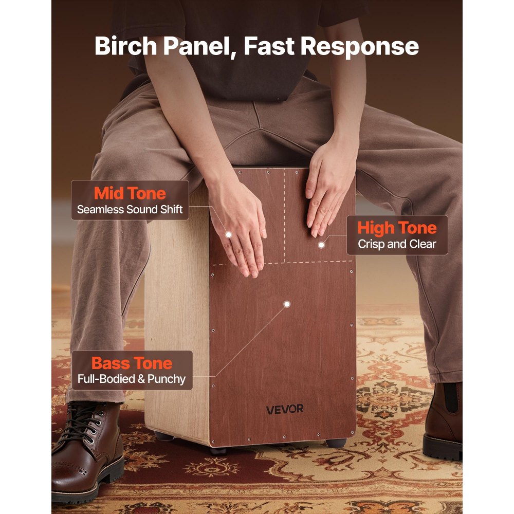 VEVOR Large Cajon Box Drum Wooden Birchwood Percussion Instrument with Snare Wires - Plus Size / Without Portable Bag