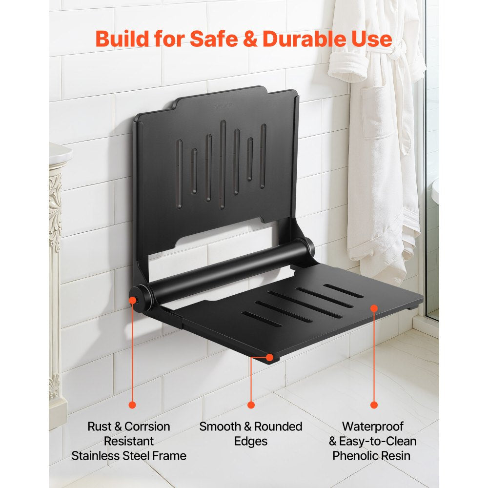 VEVOR Foldable Shower Seat Wall Mounted, 17.8" Folding Shower Bench with Supportive Backrest, Plastic Fold-Down