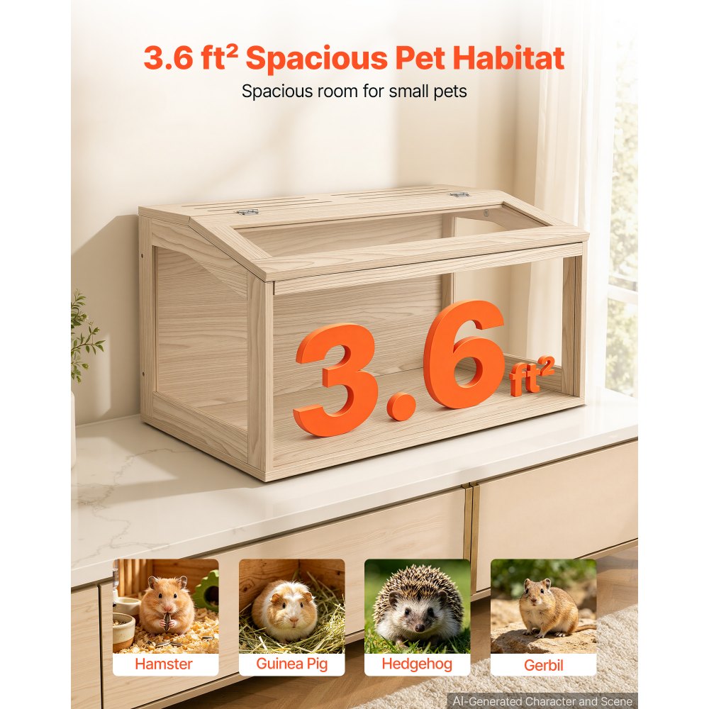 VEVOR Wooden Hamster Cage 31.9"x16.1"x16.1" 270° Viewing Hamster Habitat, Chewproof Acrylic Small Animal Cage with