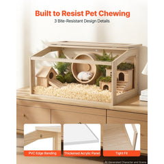 VEVOR Wooden Hamster Cage 31.9"x16.1"x16.1" 270° Viewing Hamster Habitat, Chewproof Acrylic Small Animal Cage with