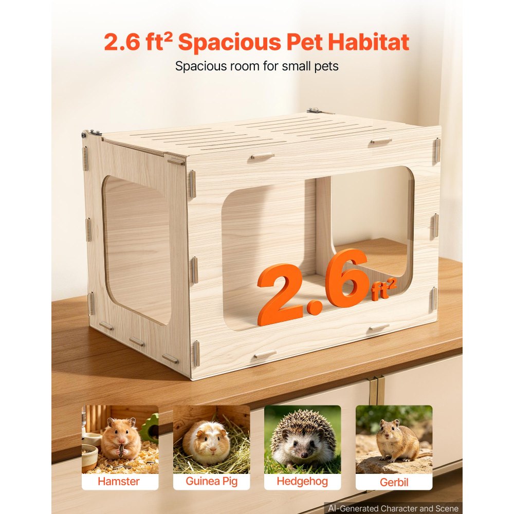 VEVOR Wooden Hamster Cage 23.8"x15.9"x15.9" 270° Viewing Hamster Habitat, Chewproof Small Animal Cage with Openable