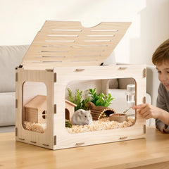VEVOR Wooden Hamster Cage 23.8"x15.9"x15.9" 270° Viewing Hamster Habitat, Chewproof Small Animal Cage with Openable