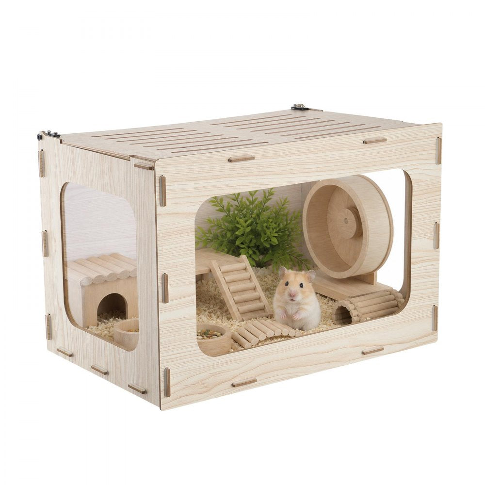 VEVOR Wooden Hamster Cage 23.8"x15.9"x15.9" 270° Viewing Hamster Habitat, Chewproof Small Animal Cage with Openable