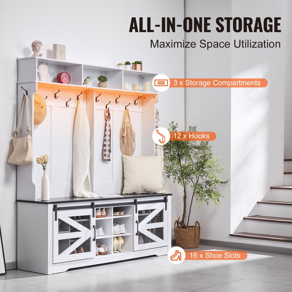 VEVOR Hall Tree Entryway Bench, LED Coat Rack with Shoe Storage, 59" Wide Mudroom bench with Storage and Seating