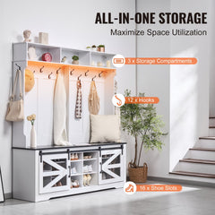 VEVOR Hall Tree Entryway Bench, LED Coat Rack with Shoe Storage, 59" Wide Mudroom bench with Storage and Seating