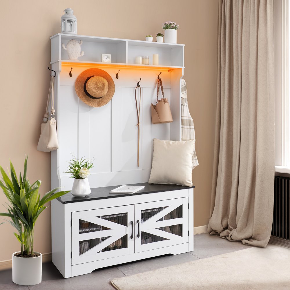 VEVOR Hall Tree Entryway Bench, LED Coat Rack with Shoe Storage, 42" Wide Mudroom bench with Storage and Seating