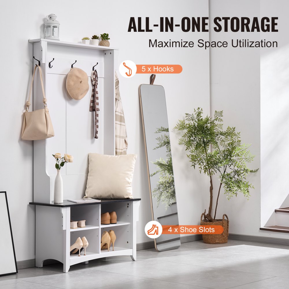 VEVOR Hall Tree Entryway Bench, Coat Rack with Shoe Storage, 32" Wide Mudroom bench with Storage and Seating