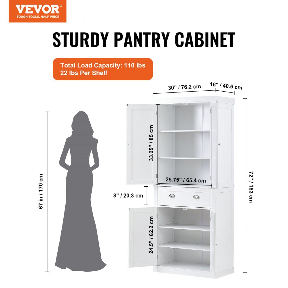 VEVOR 72" Kitchen Pantry Storage Cabinet, Freestanding Utility Cabinets with Doors, Drawer and 3 Adjustable Shelves