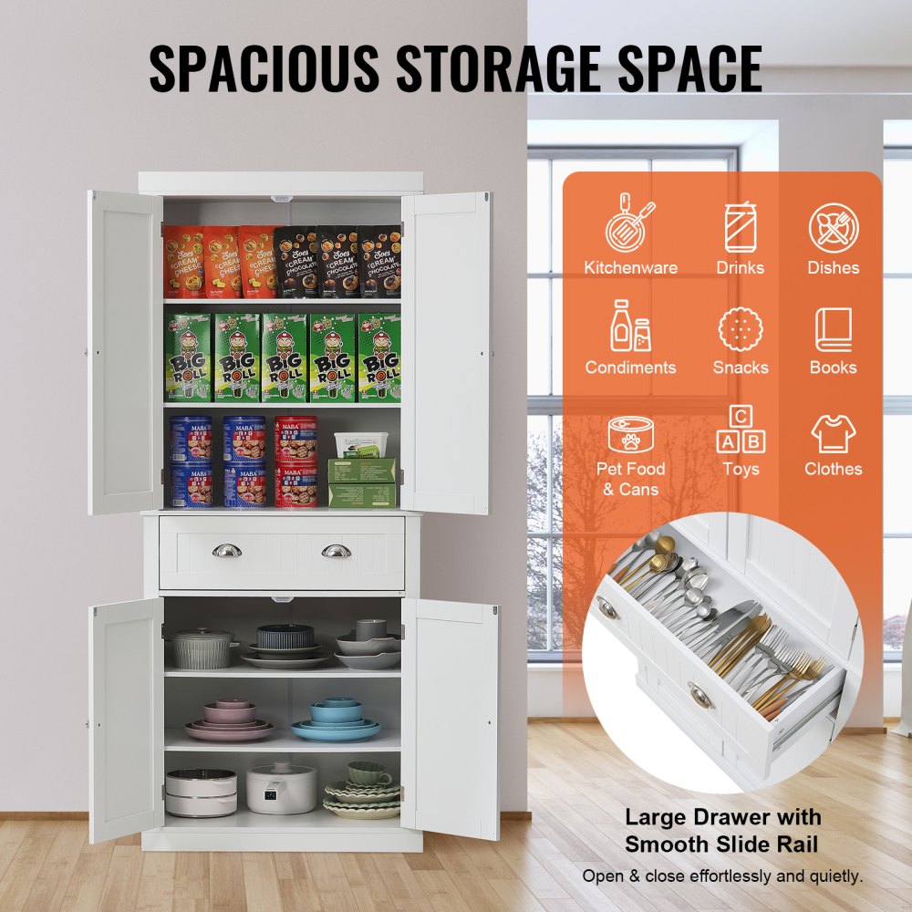 VEVOR 72" Kitchen Pantry Storage Cabinet, Freestanding Utility Cabinets with Doors, Drawer and 3 Adjustable Shelves