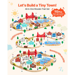 VEVOR 113PCS Wooden Train Set, for Kids Ages 3-8, Wood Train Track Toy with Storage Box, City Scene Railway Playset