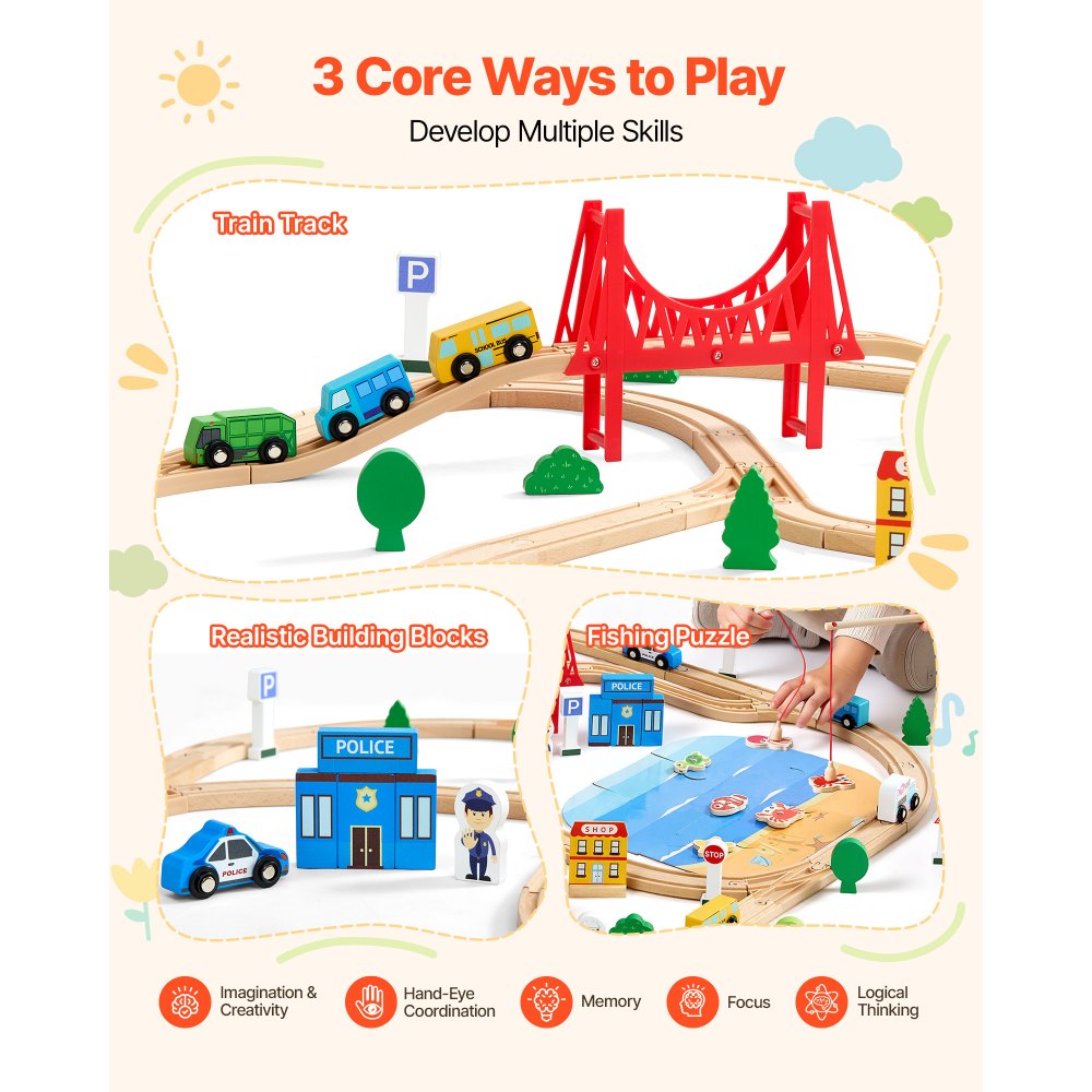 VEVOR 113PCS Wooden Train Set, for Kids Ages 3-8, Wood Train Track Toy with Storage Box, City Scene Railway Playset