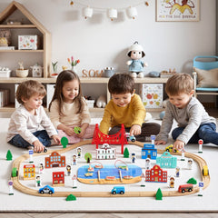VEVOR 113PCS Wooden Train Set, for Kids Ages 3-8, Wood Train Track Toy with Storage Box, City Scene Railway Playset