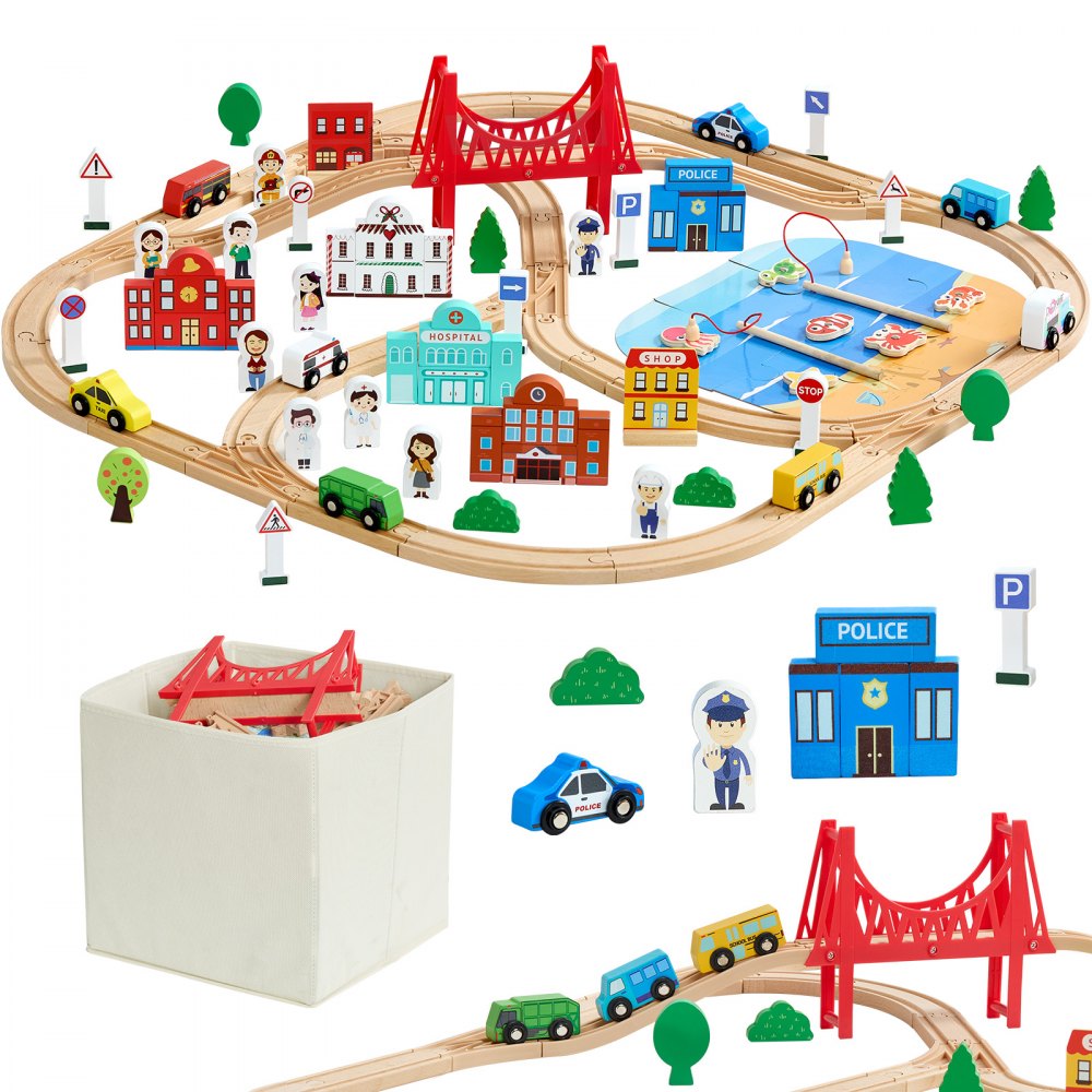 VEVOR 113PCS Wooden Train Set, for Kids Ages 3-8, Wood Train Track Toy with Storage Box, City Scene Railway Playset