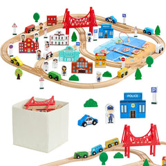 VEVOR 113PCS Wooden Train Set, for Kids Ages 3-8, Wood Train Track Toy with Storage Box, City Scene Railway Playset