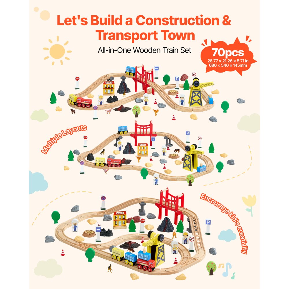 VEVOR 70PCS Wooden Train Set, with Magnetic Crane, Wood Train Track Toy for Kids Ages 3-8, Construction Crane Railway