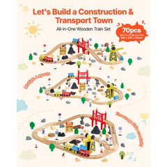 VEVOR 70PCS Wooden Train Set, with Magnetic Crane, Wood Train Track Toy for Kids Ages 3-8, Construction Crane Railway