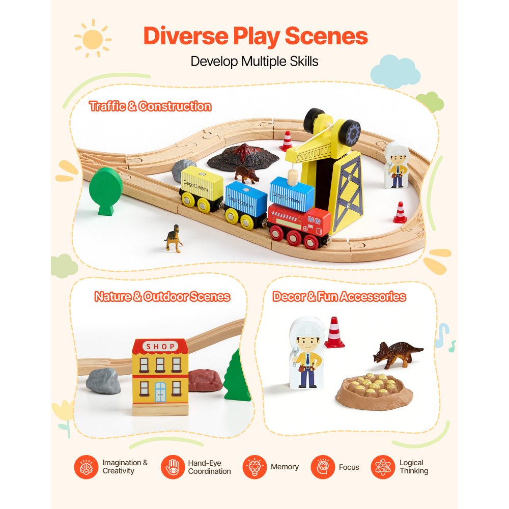 VEVOR 70PCS Wooden Train Set, with Magnetic Crane, Wood Train Track Toy for Kids Ages 3-8, Construction Crane Railway