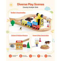 VEVOR 70PCS Wooden Train Set, with Magnetic Crane, Wood Train Track Toy for Kids Ages 3-8, Construction Crane Railway