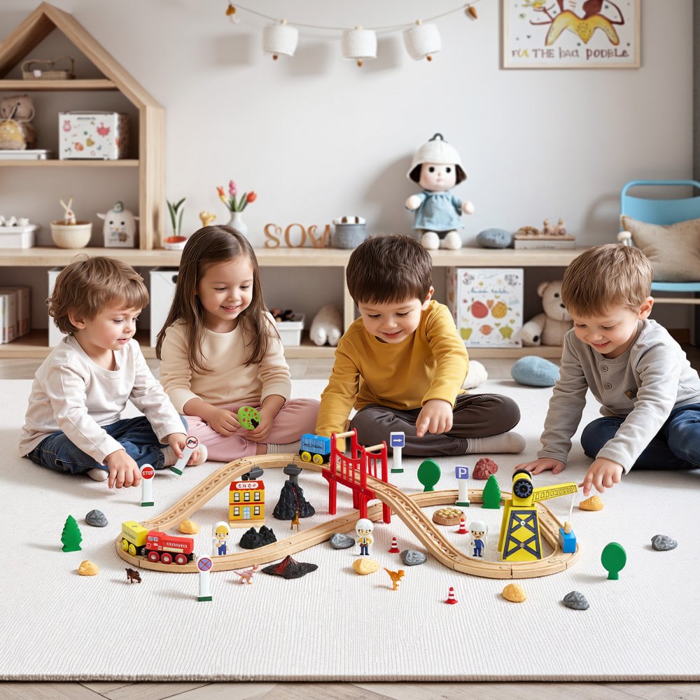 VEVOR 70PCS Wooden Train Set, with Magnetic Crane, Wood Train Track Toy for Kids Ages 3-8, Construction Crane Railway