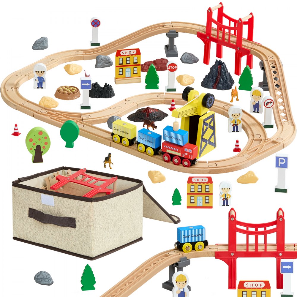VEVOR 70PCS Wooden Train Set, with Magnetic Crane, Wood Train Track Toy for Kids Ages 3-8, Construction Crane Railway