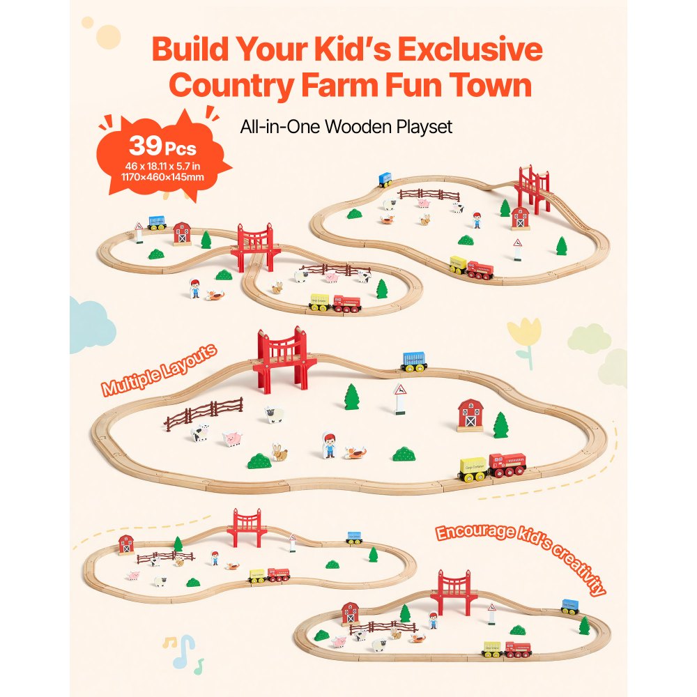 VEVOR Wooden Train Set, 39PCS, Wood Train Track with Magnetic Trains and Railway Accessories, Compatible with Major