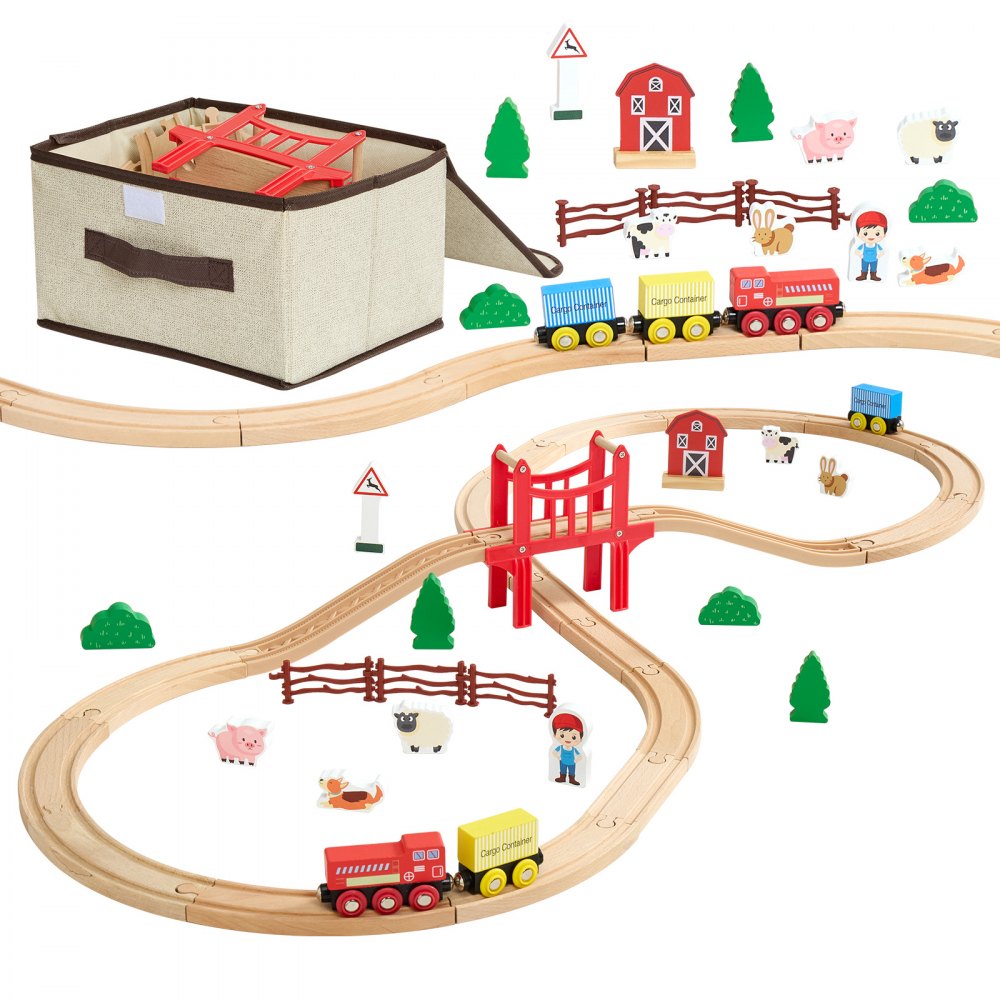VEVOR Wooden Train Set, 39PCS, Wood Train Track with Magnetic Trains and Railway Accessories, Compatible with Major