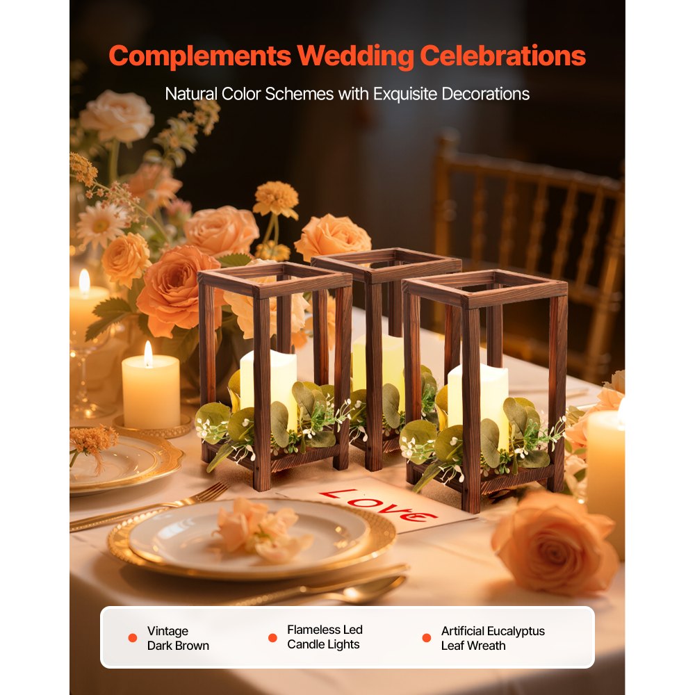VEVOR 12 Set/36 Pcs Wooden Wedding Lantern Centerpiece, Includes 12 Wooden Lantern Candle Holder 12 Flameless LED