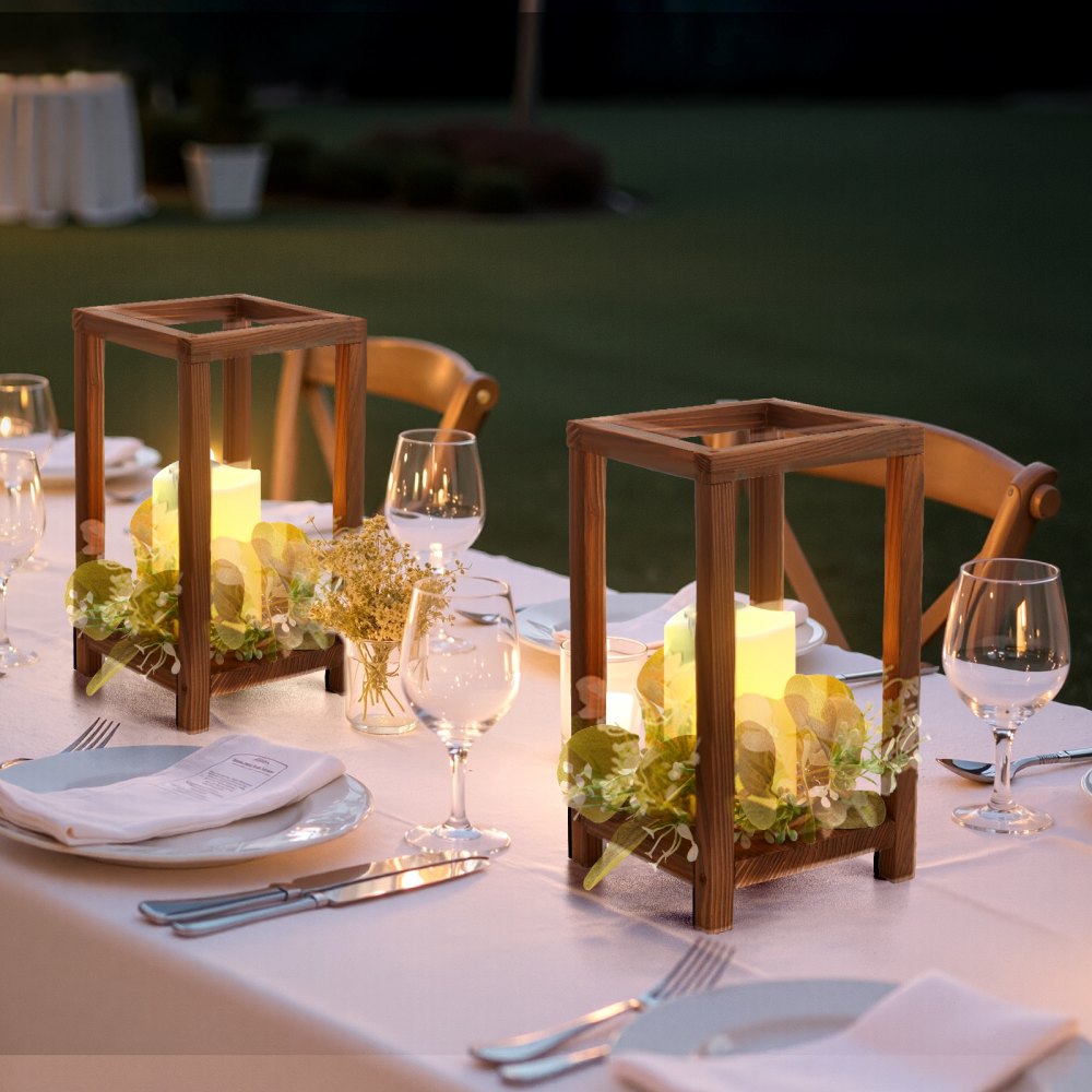 VEVOR 12 Set/36 Pcs Wooden Wedding Lantern Centerpiece, Includes 12 Wooden Lantern Candle Holder 12 Flameless LED