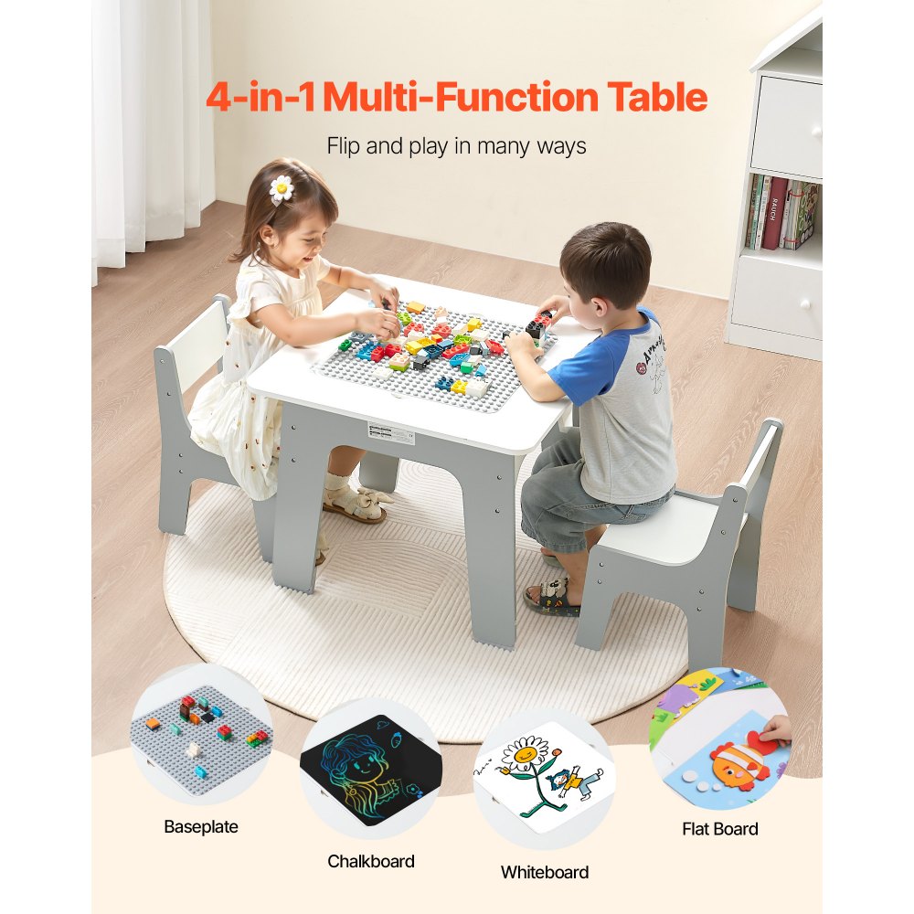 VEVOR 4 in 1 Kid Activity Table and 2 Chairs Set, Graffiti & Building Blocks Double-Sided Tabletop, Toddler Play Table