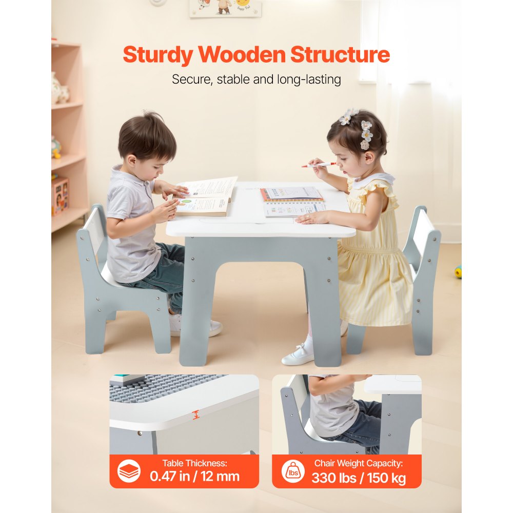 VEVOR 4 in 1 Kid Activity Table and 2 Chairs Set, Graffiti & Building Blocks Double-Sided Tabletop, Toddler Play Table
