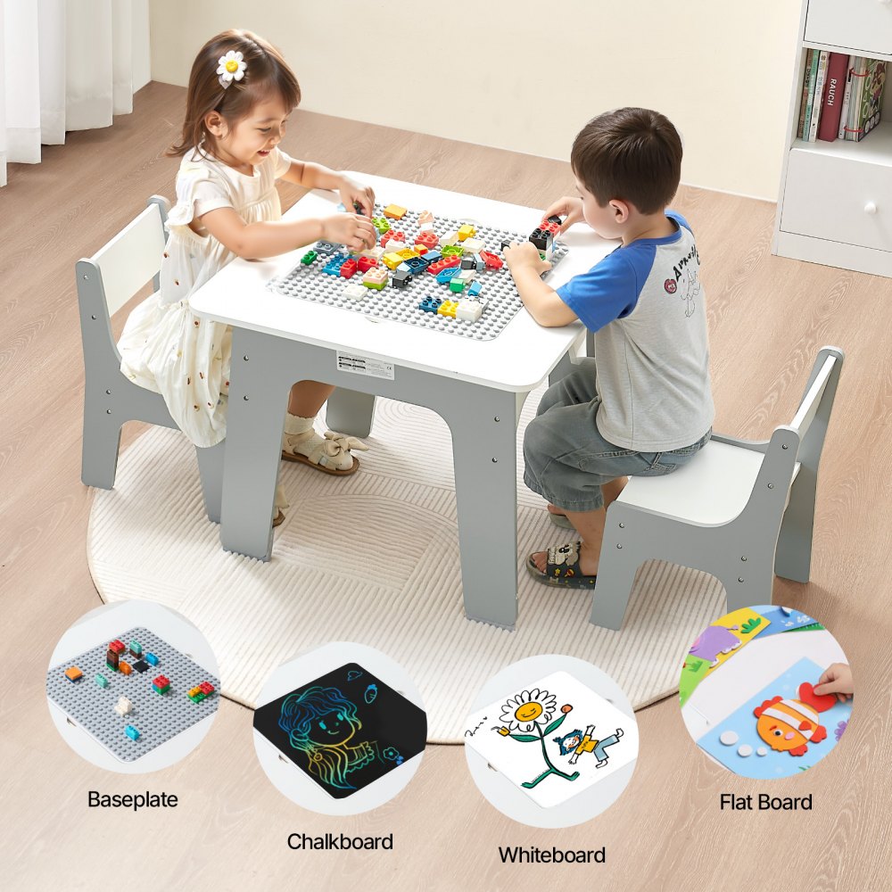 VEVOR 4 in 1 Kid Activity Table and 2 Chairs Set, Graffiti & Building Blocks Double-Sided Tabletop, Toddler Play Table
