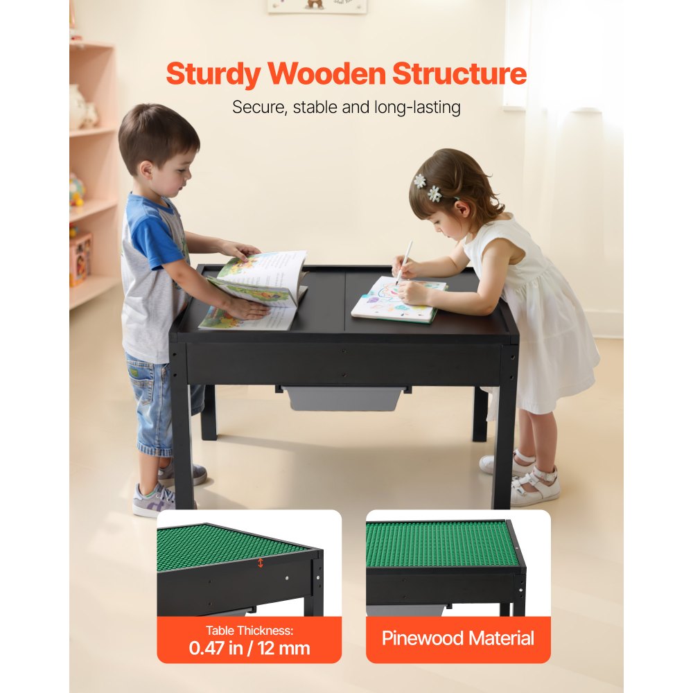 VEVOR Kids Wooden Activity Table, Building Blocks Double-Sided Tabletop, Multi-Purpose Activity Play Table with 2