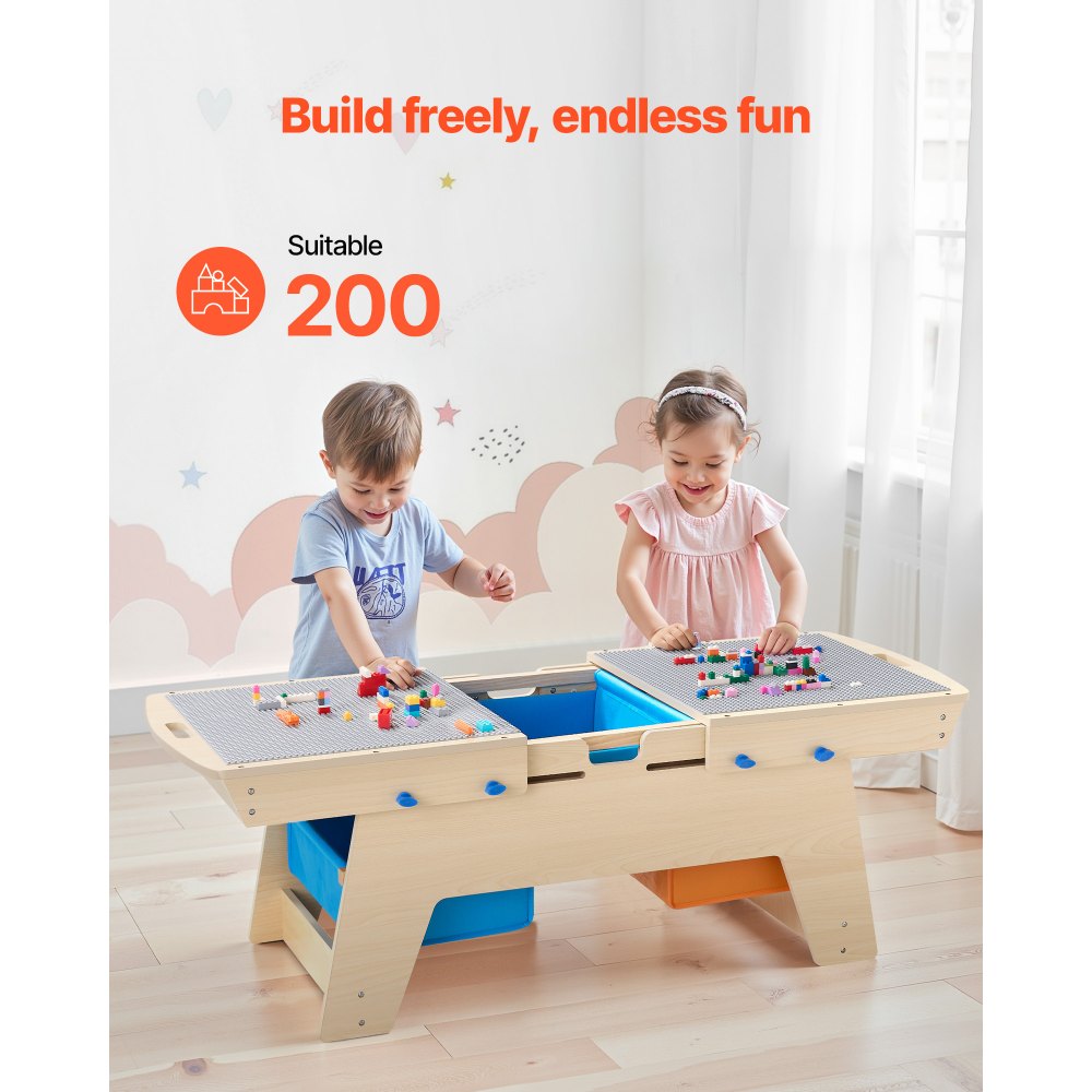 VEVOR Kids Reversible Wooden Activity Table, Multi-Purpose Activity Play Table with 200 Building Bricks & 3 Storage