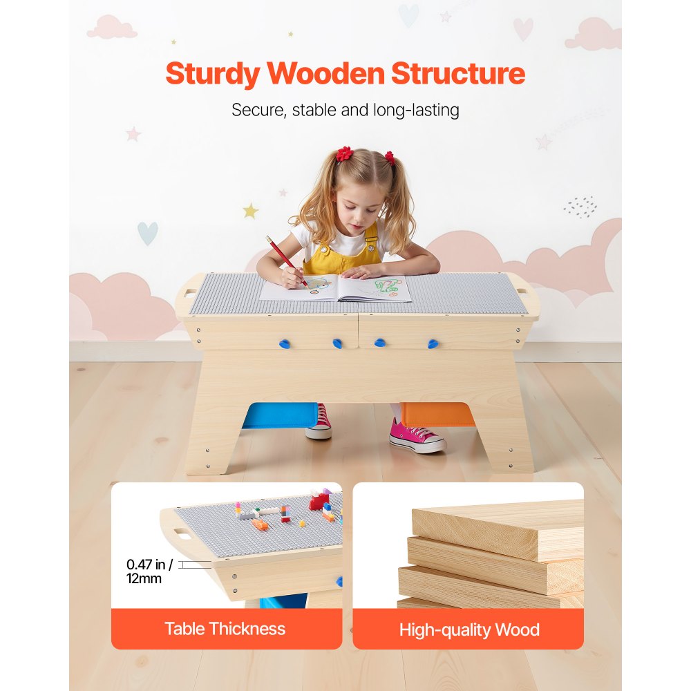 VEVOR Kids Reversible Wooden Activity Table, Multi-Purpose Activity Play Table with 200 Building Bricks & 3 Storage