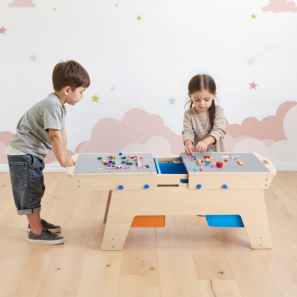 VEVOR Kids Reversible Wooden Activity Table, Multi-Purpose Activity Play Table with 200 Building Bricks & 3 Storage