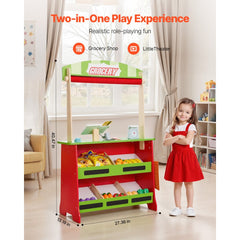 VEVOR Wooden Puppet Theater with Curtains, 2-in-1 Reversible Play Store, Double-Sided Grocery Store Playset with