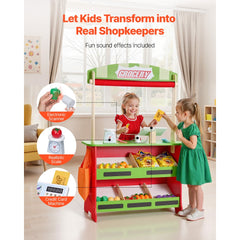 VEVOR Wooden Puppet Theater with Curtains, 2-in-1 Reversible Play Store, Double-Sided Grocery Store Playset with