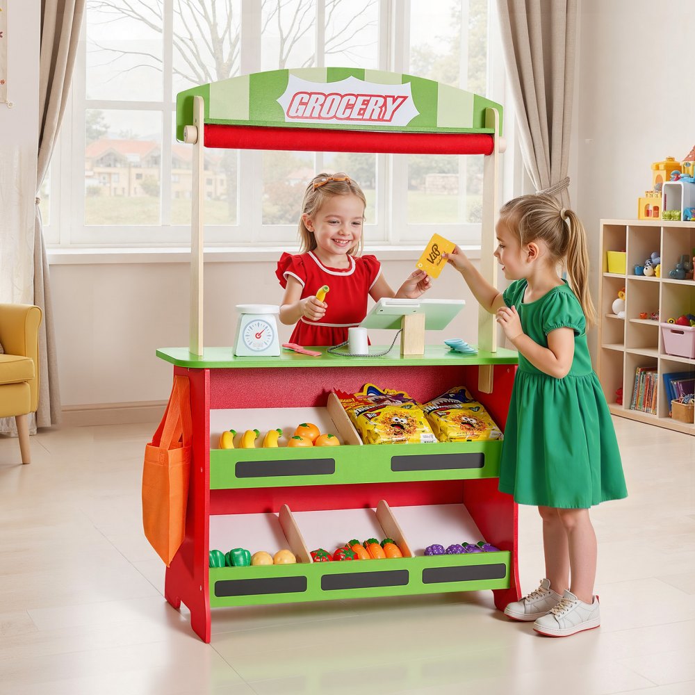 VEVOR Wooden Puppet Theater with Curtains, 2-in-1 Reversible Play Store, Double-Sided Grocery Store Playset with