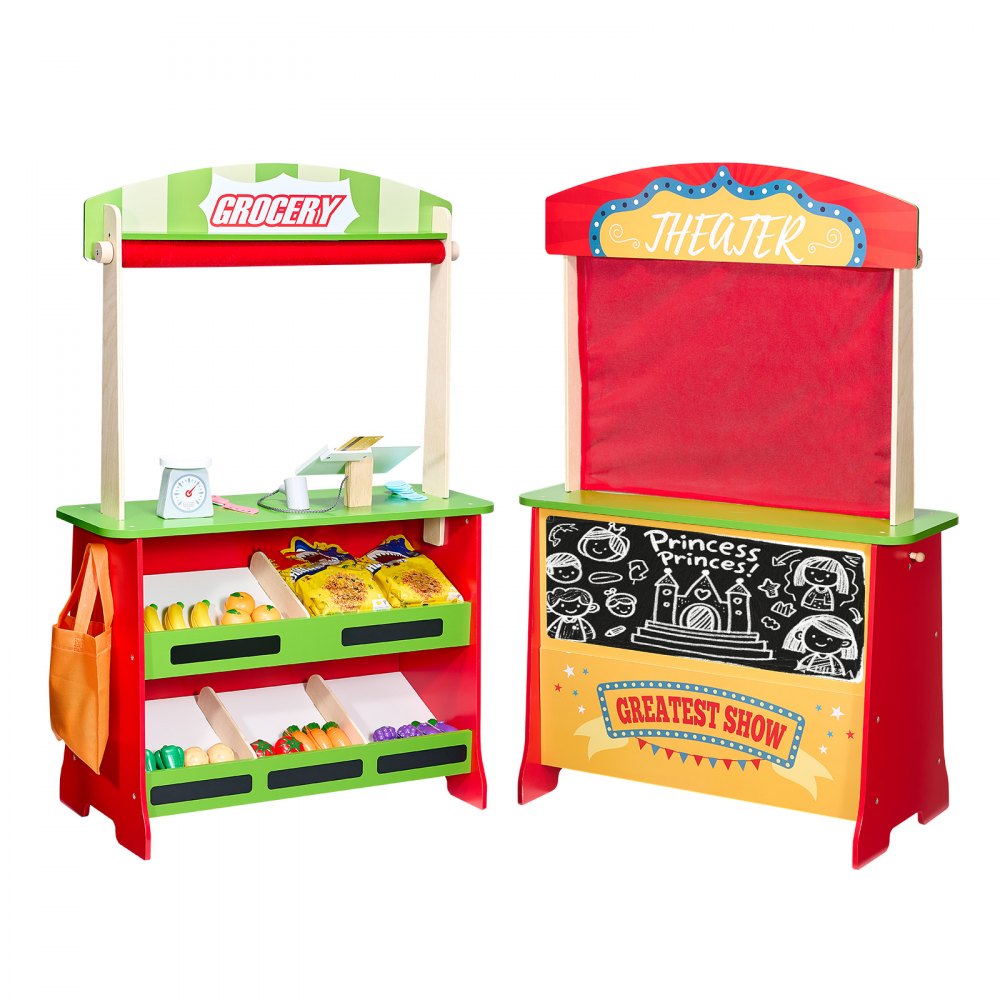 VEVOR Wooden Puppet Theater with Curtains, 2-in-1 Reversible Play Store, Double-Sided Grocery Store Playset with