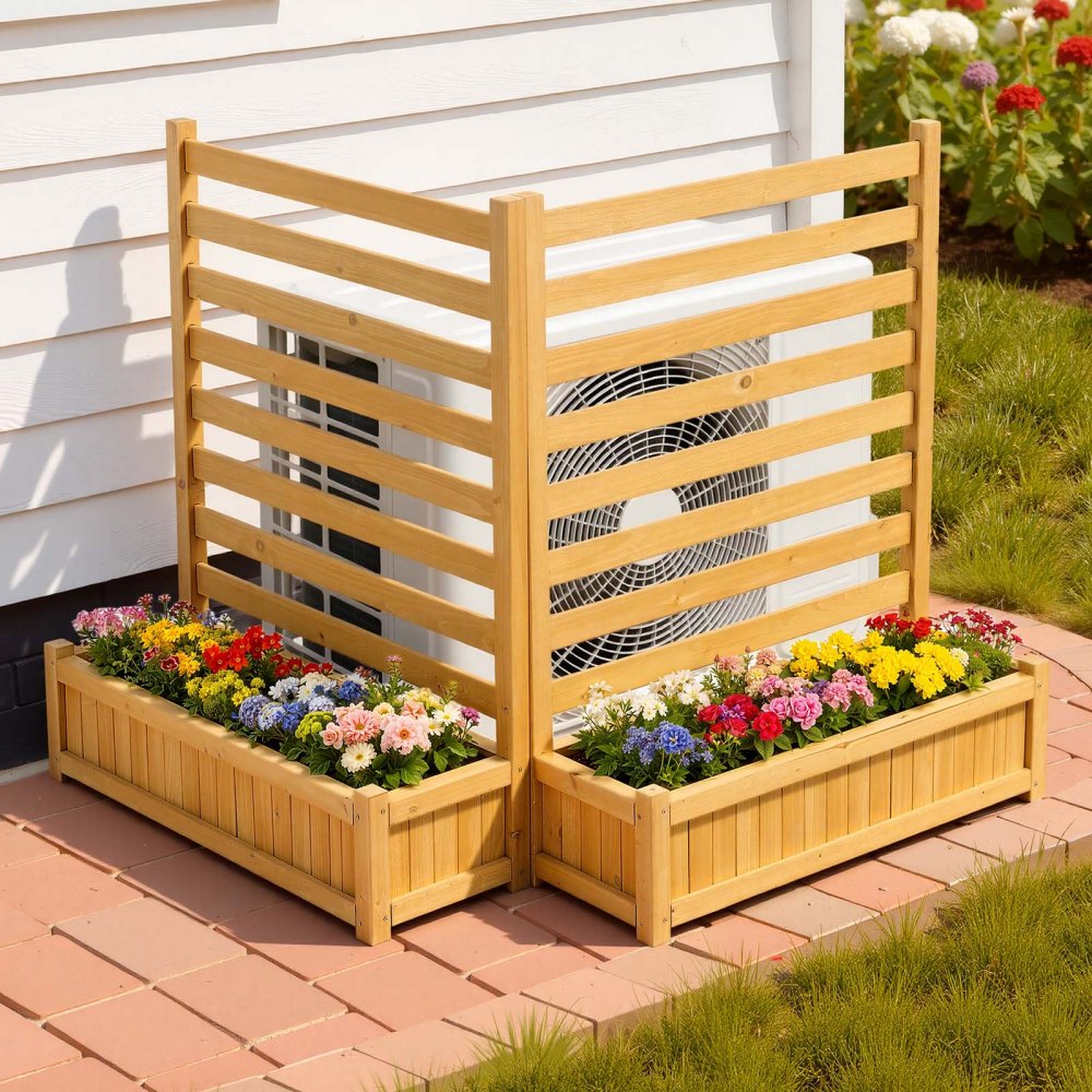 VEVOR Wooden Privacy Fence, 36 x 45 inch Air Conditioner Fence, 2 Slatted Panel Solid Outdoor Wood Privacy Screen with