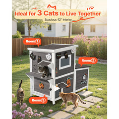 VEVOR Outdoor Cat House, 2-Story Wooden Cat Shelter for 3 Outside Cats in Winter, Elevated Feral Kitty Shelter with