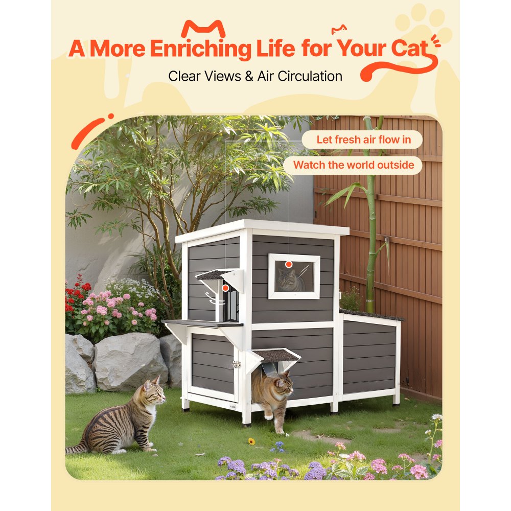 VEVOR Outdoor Cat House, 2-Story Wooden Cat Shelter for 3 Outside Cats in Winter, Elevated Feral Kitty Shelter with