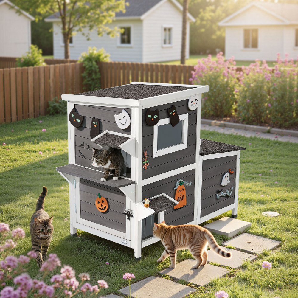 VEVOR Outdoor Cat House, 2-Story Wooden Cat Shelter for 3 Outside Cats in Winter, Elevated Feral Kitty Shelter with