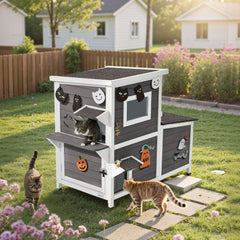 VEVOR Outdoor Cat House, 2-Story Wooden Cat Shelter for 3 Outside Cats in Winter, Elevated Feral Kitty Shelter with