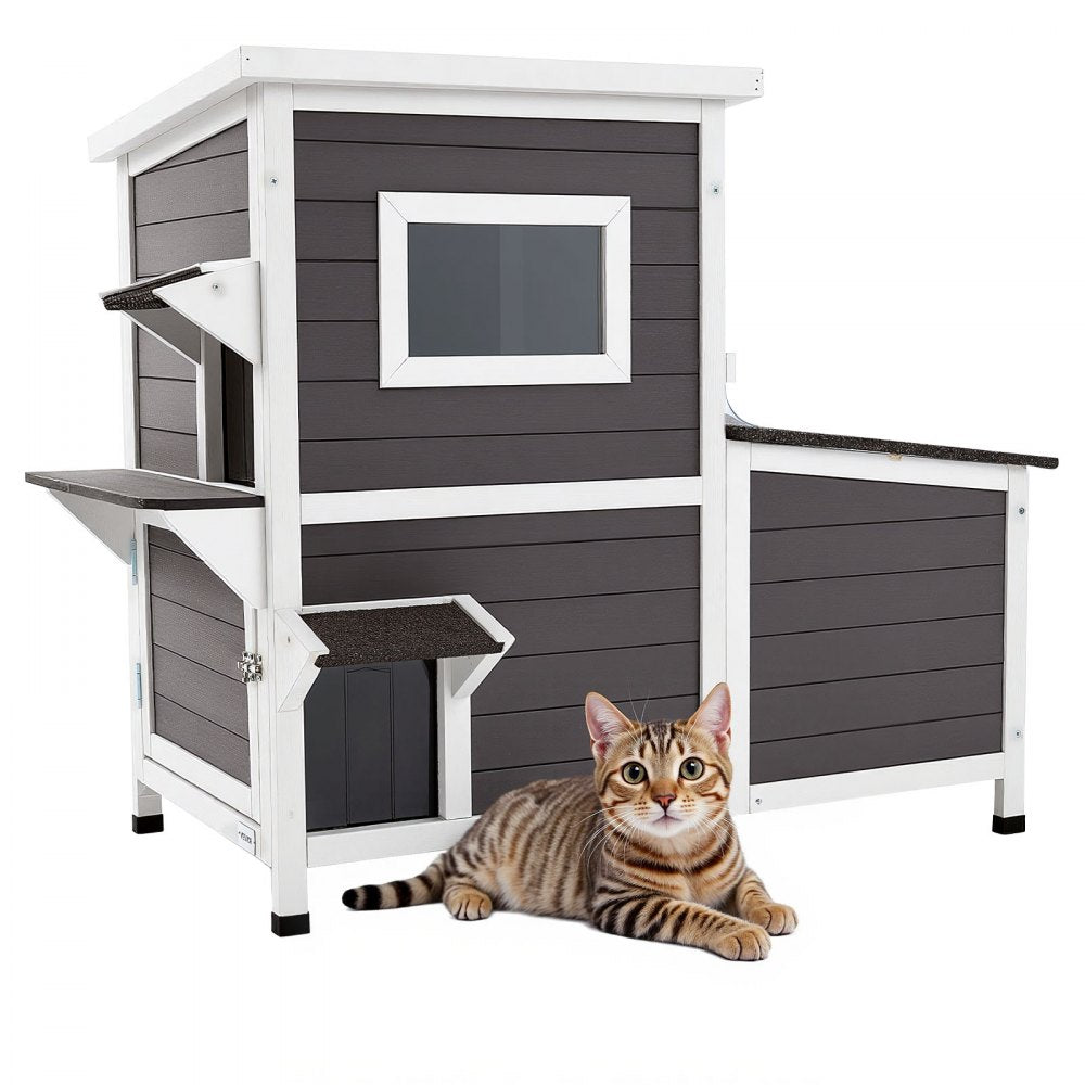 VEVOR Outdoor Cat House, 2-Story Wooden Cat Shelter for 3 Outside Cats in Winter, Elevated Feral Kitty Shelter with