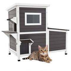 VEVOR Outdoor Cat House, 2-Story Wooden Cat Shelter for 3 Outside Cats in Winter, Elevated Feral Kitty Shelter with