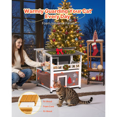 VEVOR Insulated Cat House, 2-Story Wooden Cat Shelter, Foam Insulation, Feral Kitty Shelter with Balcony, Waterproof